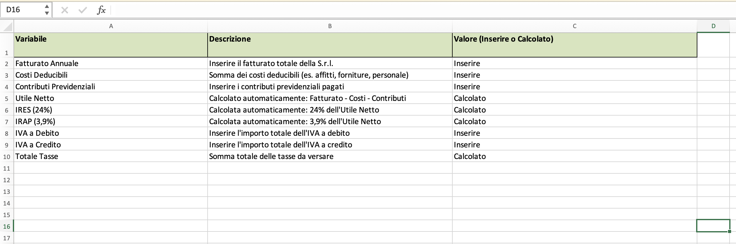 Calcolo Tasse SRL Modello