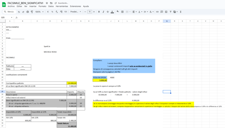 esempio fattura beni significativi excel