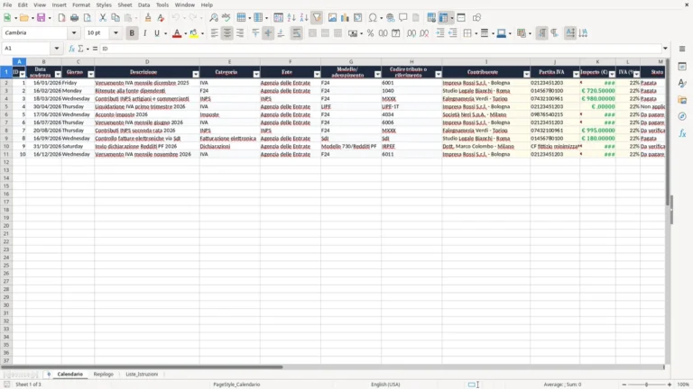 Anteprima di Calendario delle scadenze fiscali 2026 in Excel