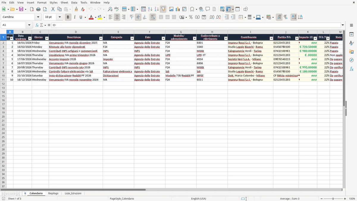 Anteprima del modello Excel Calendario scadenze fiscali 2026 Excel — foglio Calendario (immagine 1)