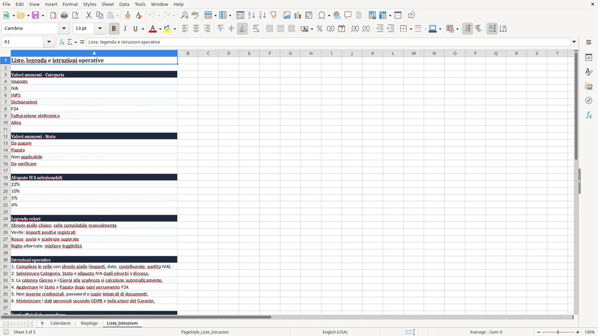 Anteprima del modello Excel Calendario scadenze fiscali 2026 Excel — foglio Liste_Istruzioni (immagine 3)