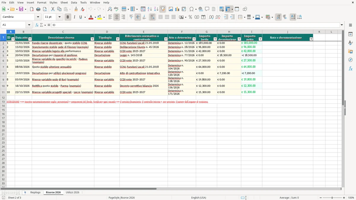 Anteprima del modello Excel Foglio Excel per il Calcolo del Fondo Risorse Decentrate 2026 — foglio Risorse 2026 (immagine 2)