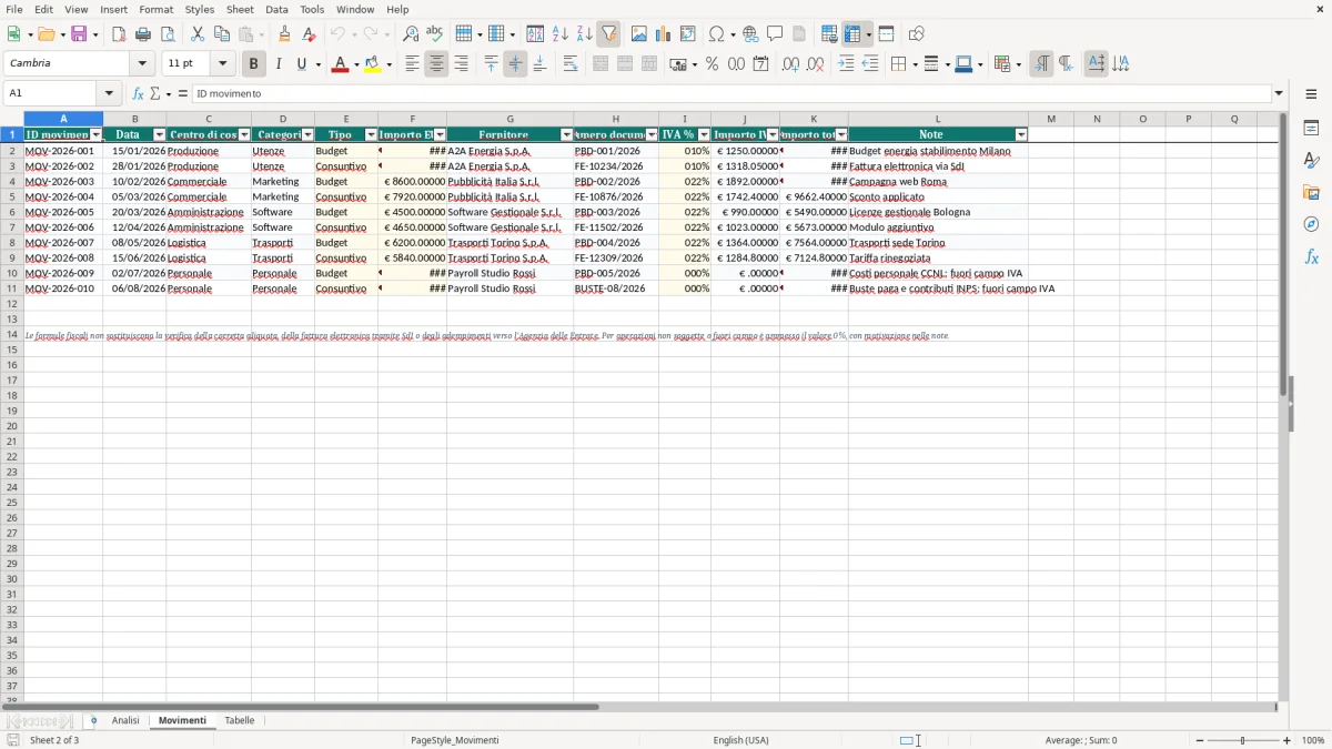 Anteprima del modello Excel Analisi varianze budget consuntivo Excel — foglio Movimenti (immagine 2)