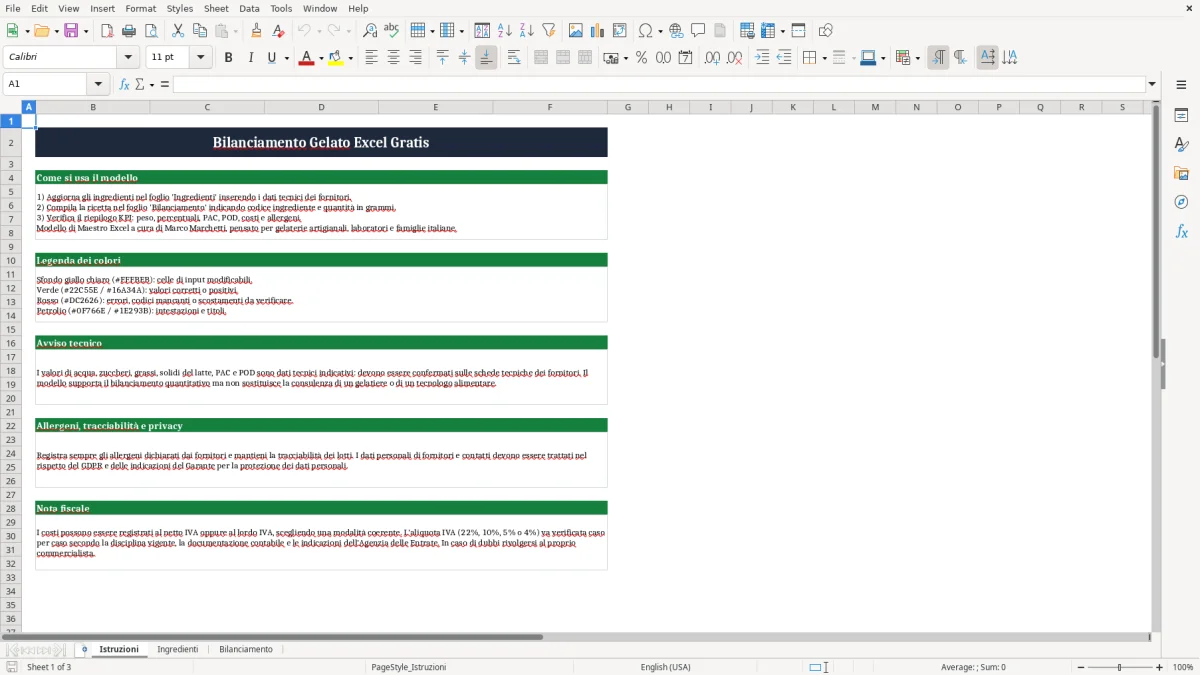 Anteprima del modello Excel Bilanciamento Gelato Excel Gratis — foglio Istruzioni (immagine 1)
