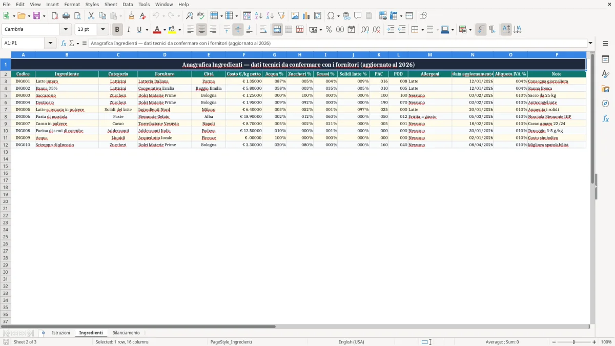 Anteprima del modello Excel Bilanciamento Gelato Excel Gratis — foglio Ingredienti (immagine 2)