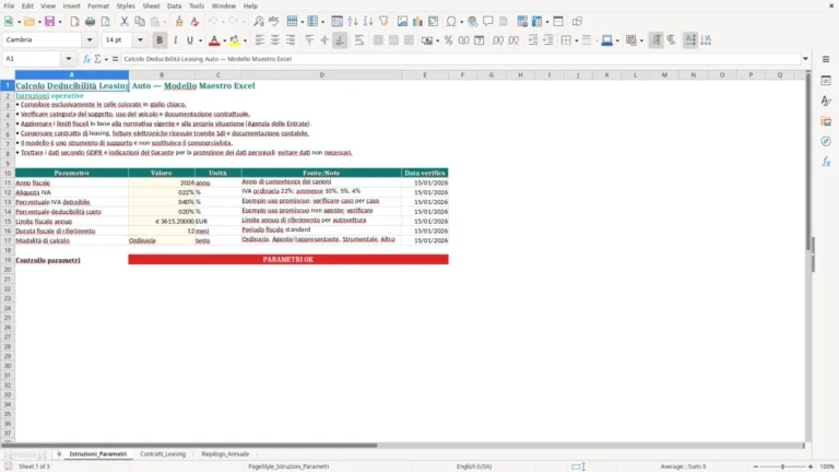 Anteprima di Calcolo della deducibilità del leasing auto in Excel
