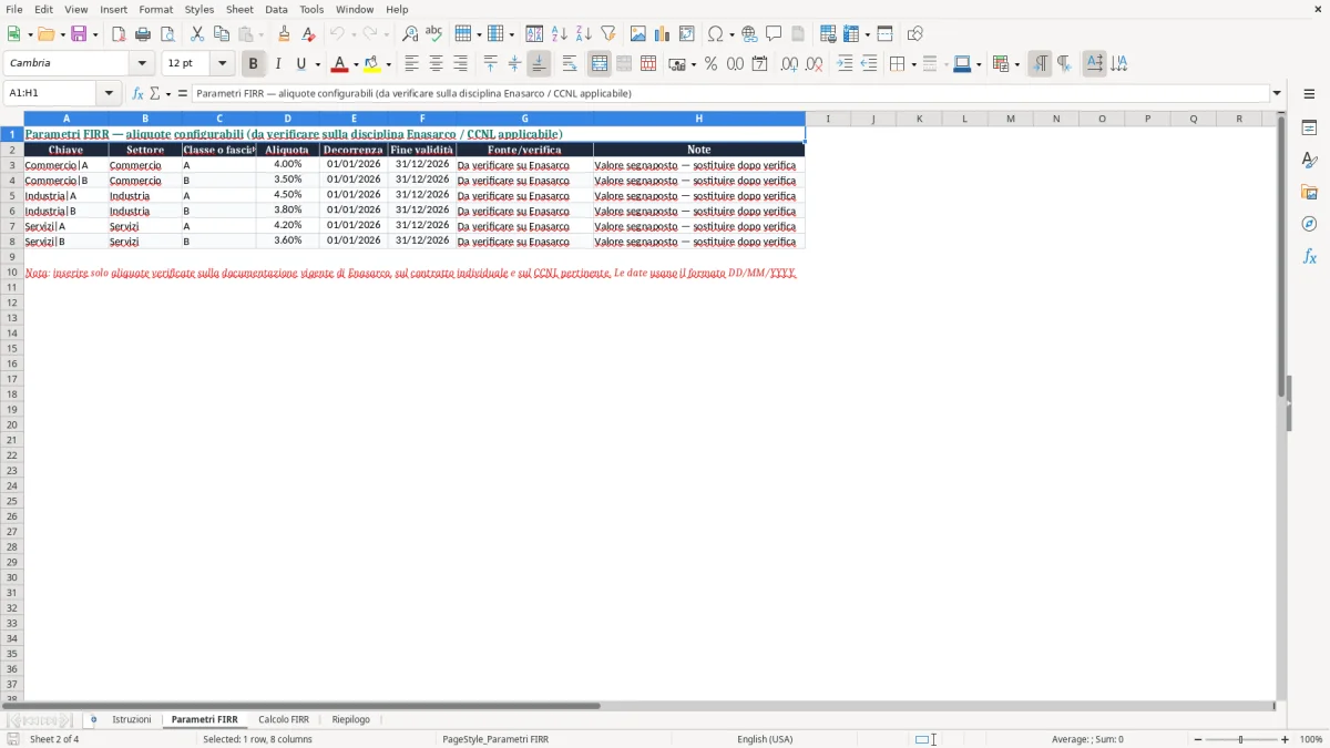 Anteprima del modello Excel Calcolo FIRR in Excel — foglio Parametri FIRR (immagine 2)