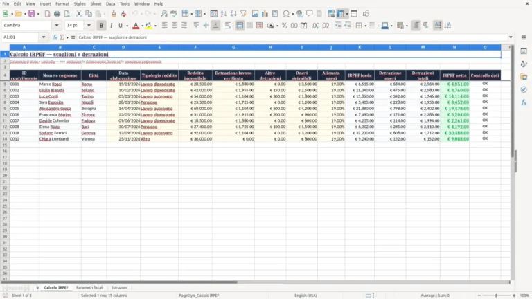 Anteprima di Calcolo IRPEF in Excel con scaglioni e detrazioni