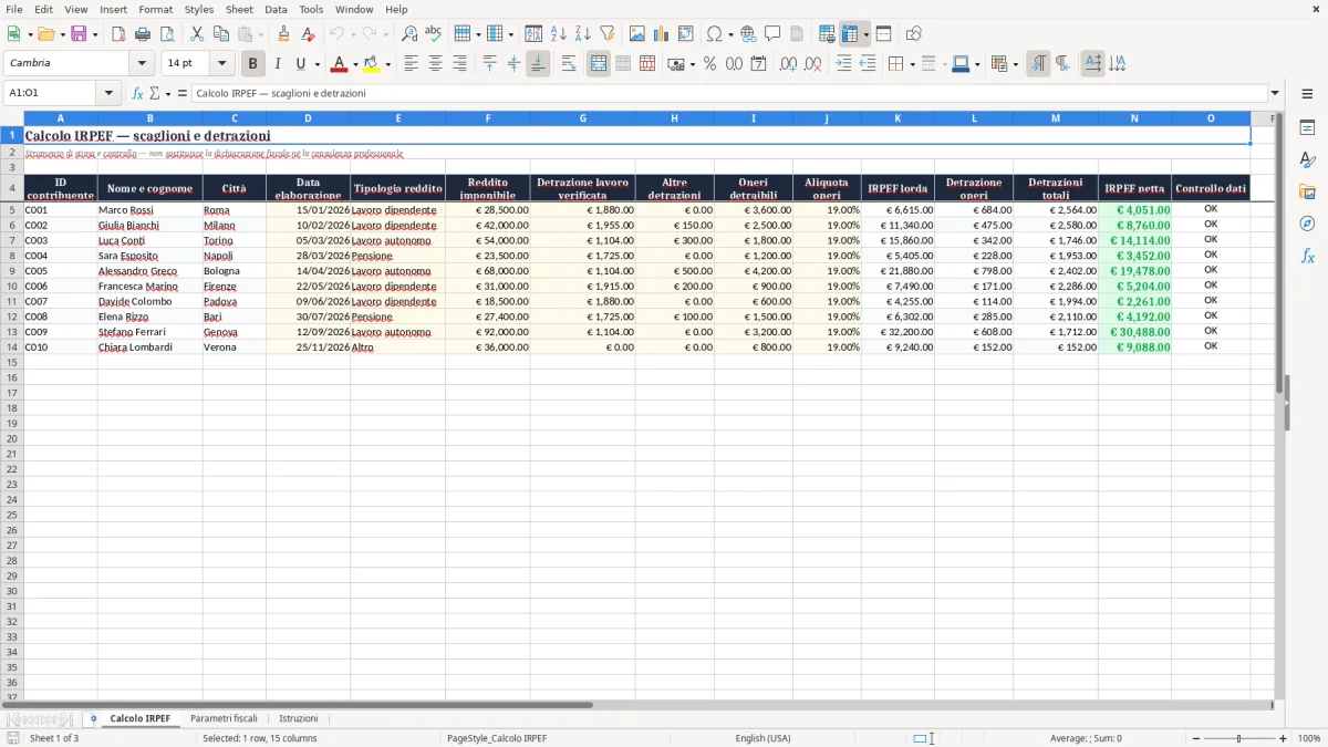 Anteprima del modello Excel Calcolo IRPEF Excel con scaglioni e detrazioni — foglio Calcolo IRPEF (immagine 1)