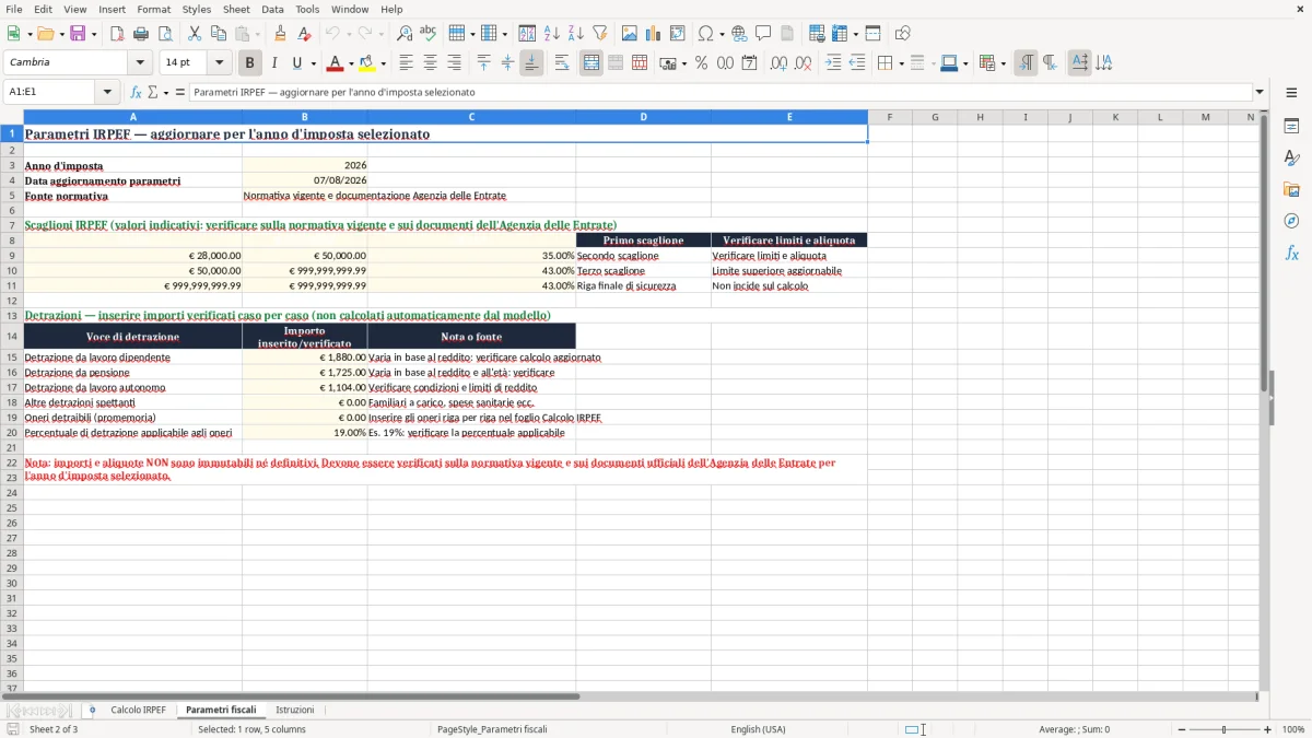 Anteprima del modello Excel Calcolo IRPEF Excel con scaglioni e detrazioni — foglio Parametri fiscali (immagine 2)