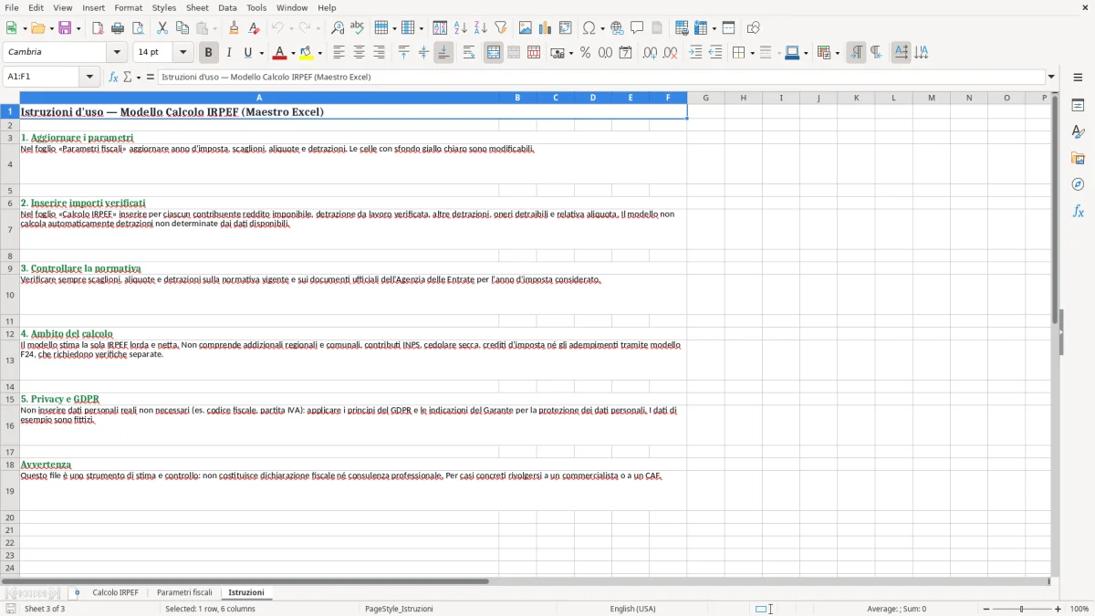 Anteprima del modello Excel Calcolo IRPEF Excel con scaglioni e detrazioni — foglio Istruzioni (immagine 3)
