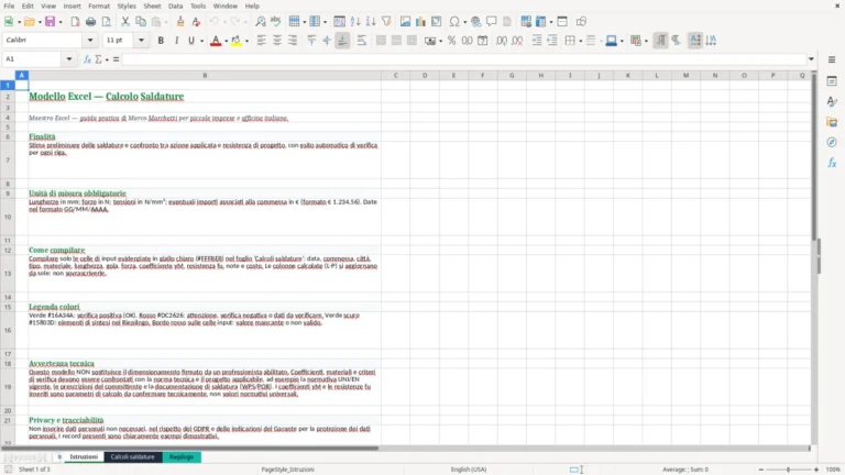 Anteprima di Calcolo preliminare delle saldature in Excel