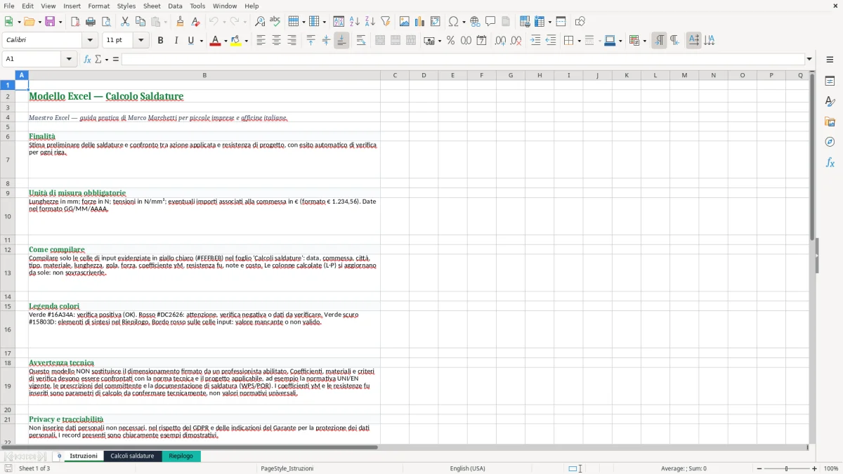 Anteprima del modello Excel Calcolo Saldature Excel — foglio Istruzioni (immagine 1)