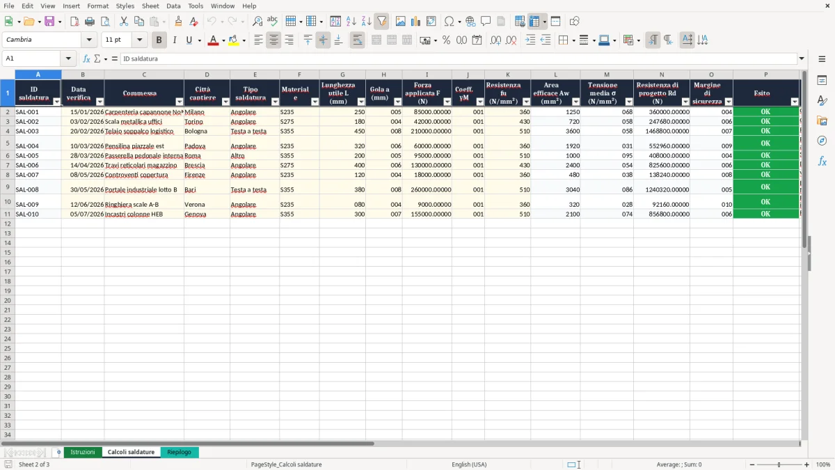 Anteprima del modello Excel Calcolo Saldature Excel — foglio Calcoli saldature (immagine 2)
