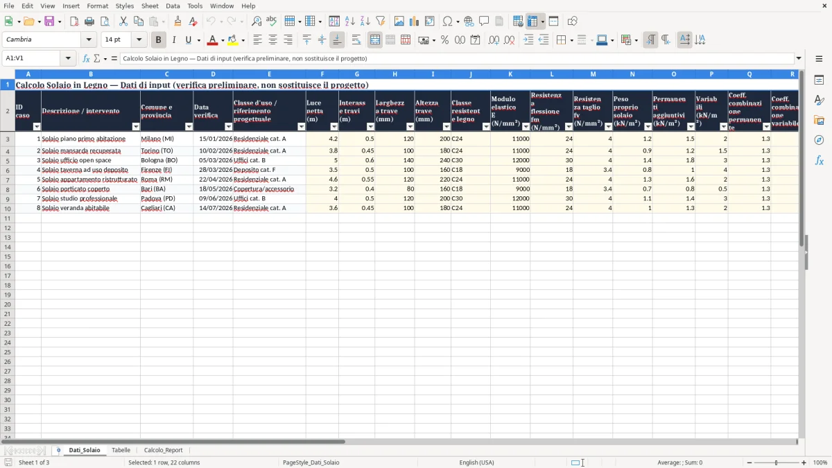 Anteprima del modello Excel Calcolo Solaio in legno EXCEL Gratis — foglio Dati_Solaio (immagine 1)