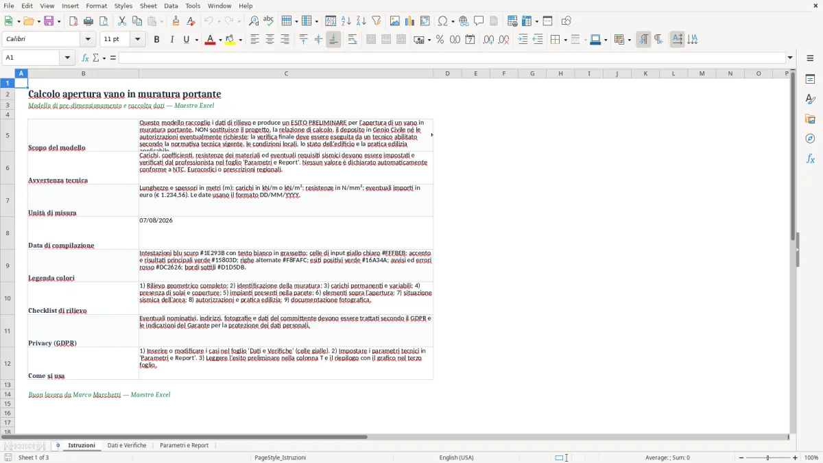 Anteprima del modello Excel Calcolo apertura vano muratura portante Excel — foglio Istruzioni (immagine 1)