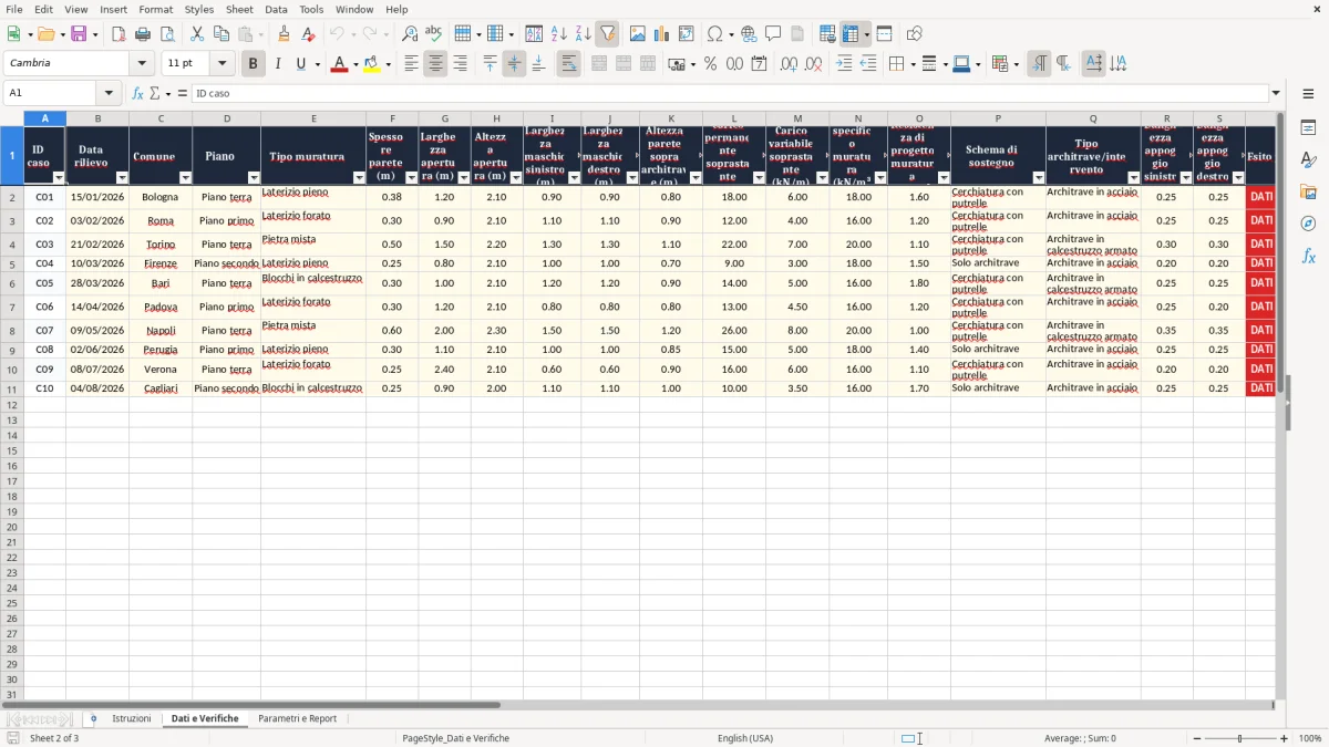 Anteprima del modello Excel Calcolo apertura vano muratura portante Excel — foglio Dati e Verifiche (immagine 2)