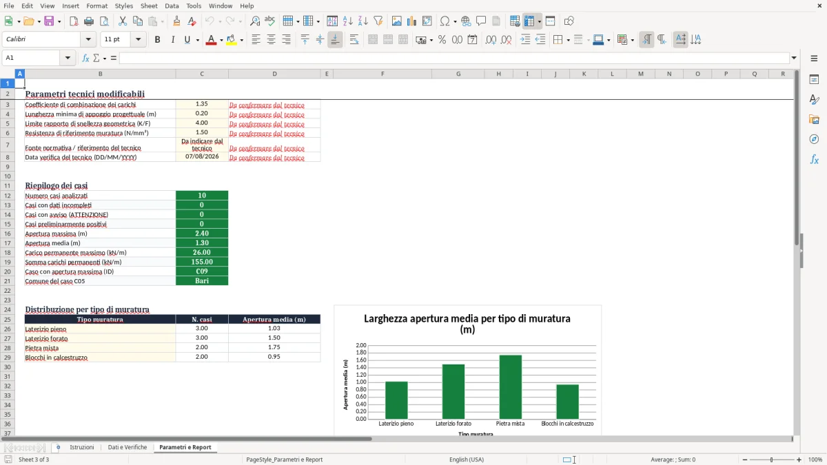 Anteprima del modello Excel Calcolo apertura vano muratura portante Excel — foglio Parametri e Report (immagine 3)