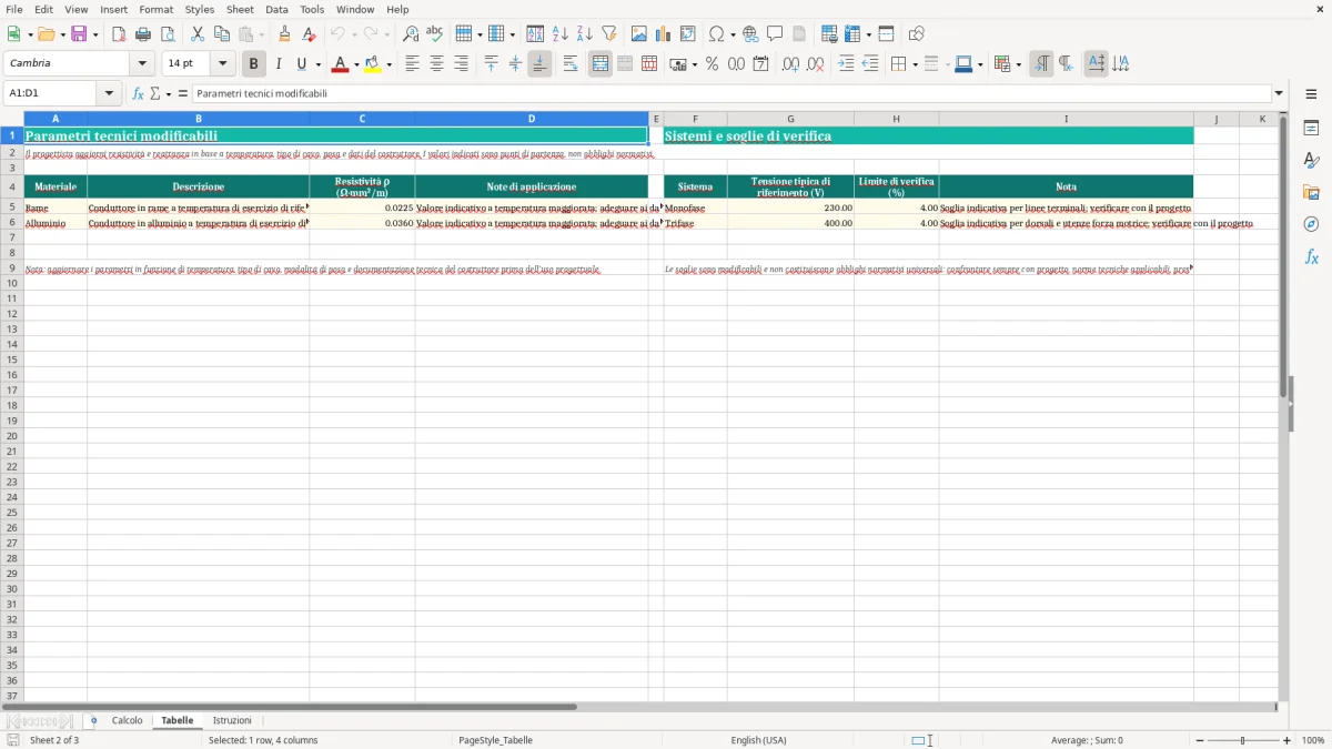 Anteprima del modello Excel Calcolo caduta di tensione excel — foglio Tabelle (immagine 2)