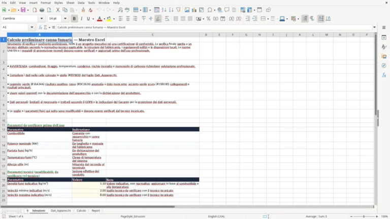 Anteprima di Calcolo preliminare della canna fumaria in Excel