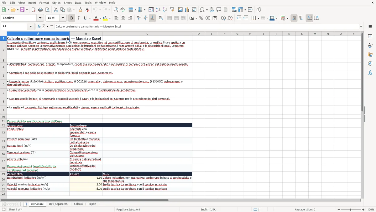 Anteprima del modello Excel Calcolo canna fumaria in Excel — foglio Istruzioni (immagine 1)