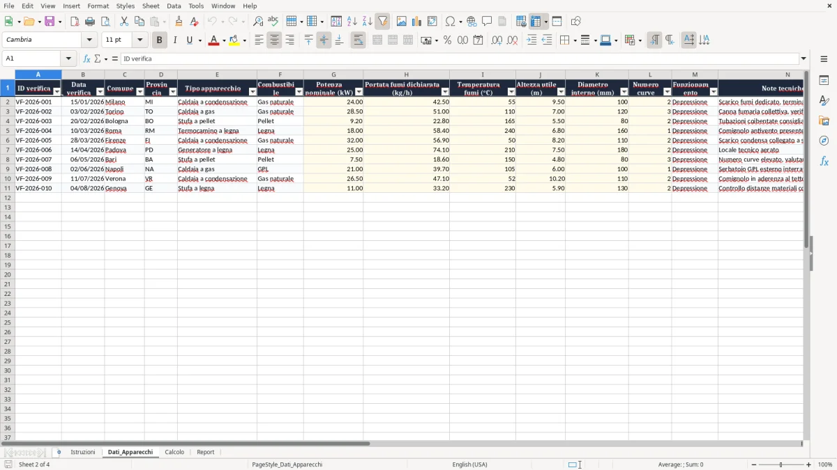 Anteprima del modello Excel Calcolo canna fumaria in Excel — foglio Dati_Apparecchi (immagine 2)