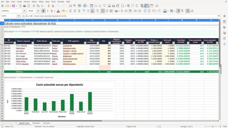 Anteprima di Calcolo del costo aziendale di un dipendente dalla RAL in Excel