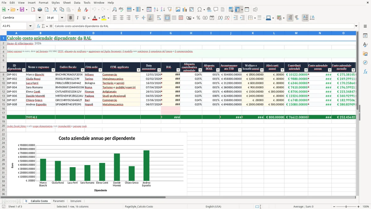 Anteprima del modello Excel Calcolo costo aziendale dipendente da RAL in Excel — foglio Calcolo Costo (immagine 1)