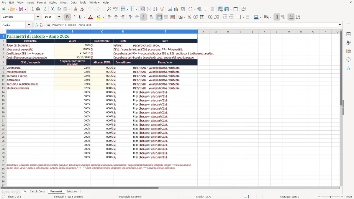 Anteprima del modello Excel Calcolo costo aziendale dipendente da RAL in Excel — foglio Parametri (immagine 2)