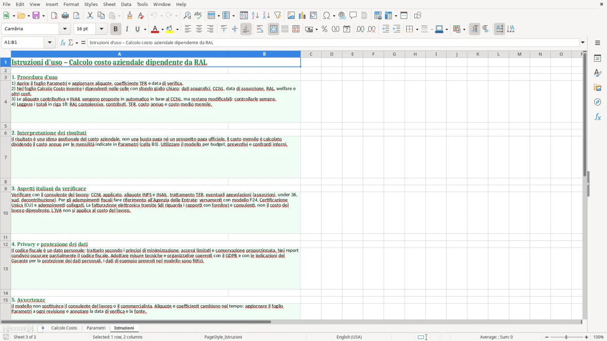 Anteprima del modello Excel Calcolo costo aziendale dipendente da RAL in Excel — foglio Istruzioni (immagine 3)
