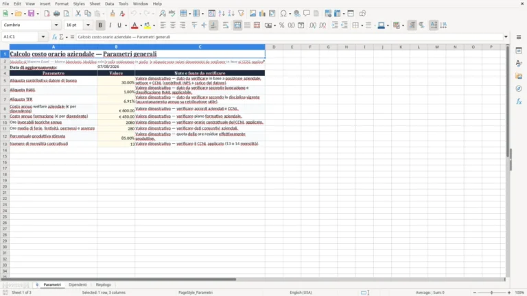 Anteprima di Calcolo del costo orario aziendale in Excel