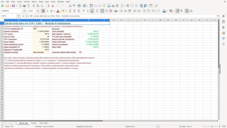 Anteprima di Calcolo della rata con TAN e TAEG in Excel