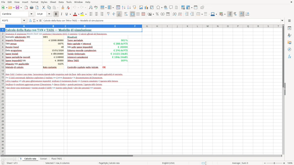 Anteprima del modello Excel Calcolo della Rata con TAN e TAEG: Modello Excel — foglio Calcolo rata (immagine 1)