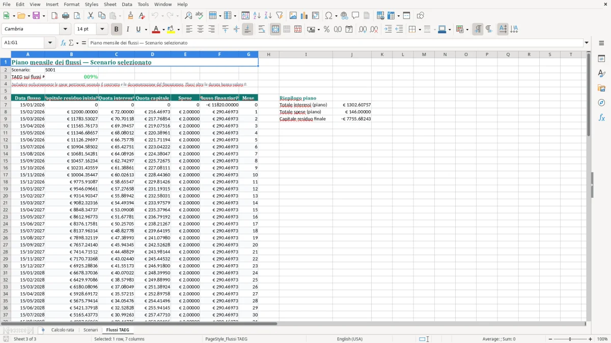 Anteprima del modello Excel Calcolo della Rata con TAN e TAEG: Modello Excel — foglio Flussi TAEG (immagine 3)