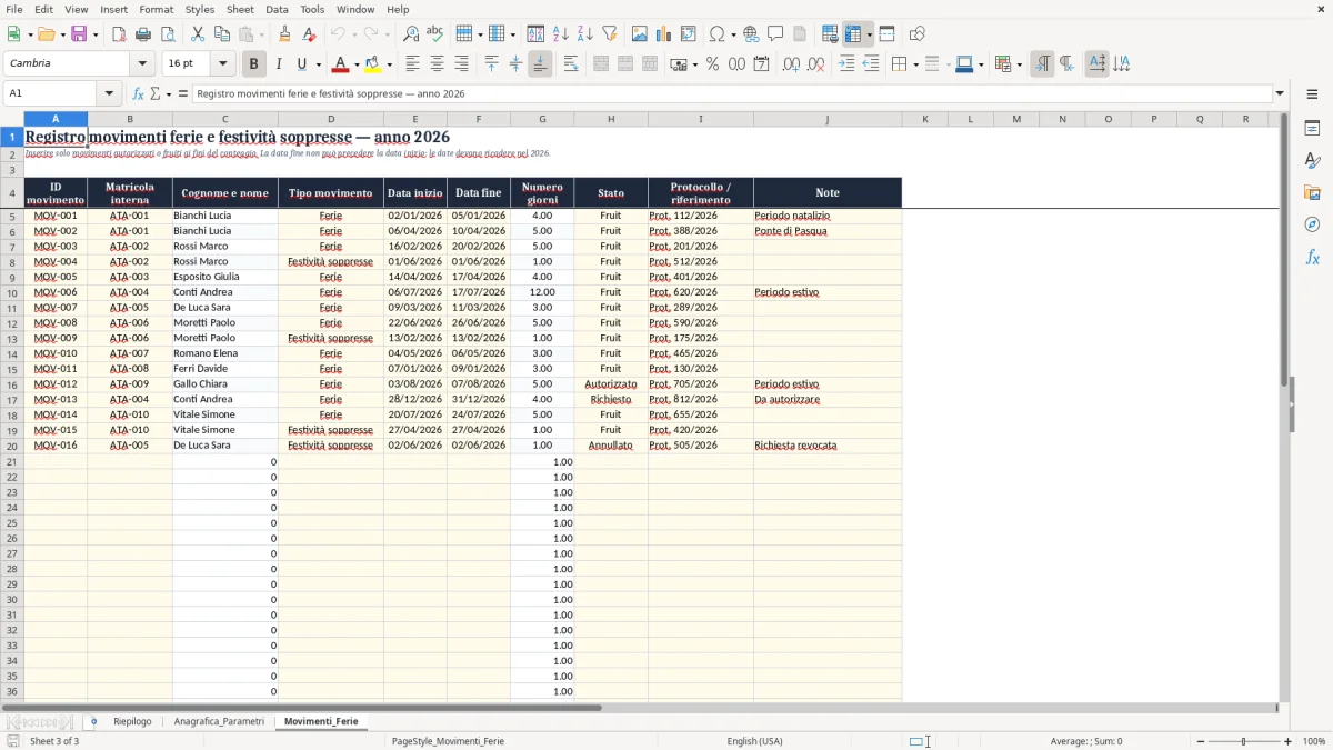 Anteprima del modello Excel Calcolo ferie ata EXCEL — foglio Movimenti_Ferie (immagine 3)