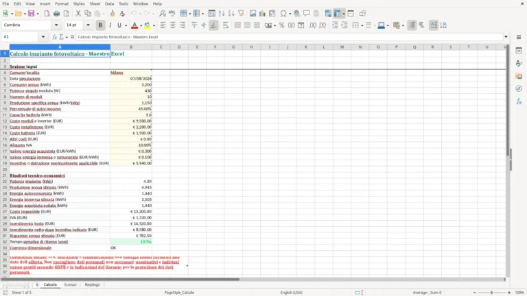 Anteprima di Calcolo di un impianto fotovoltaico in Excel