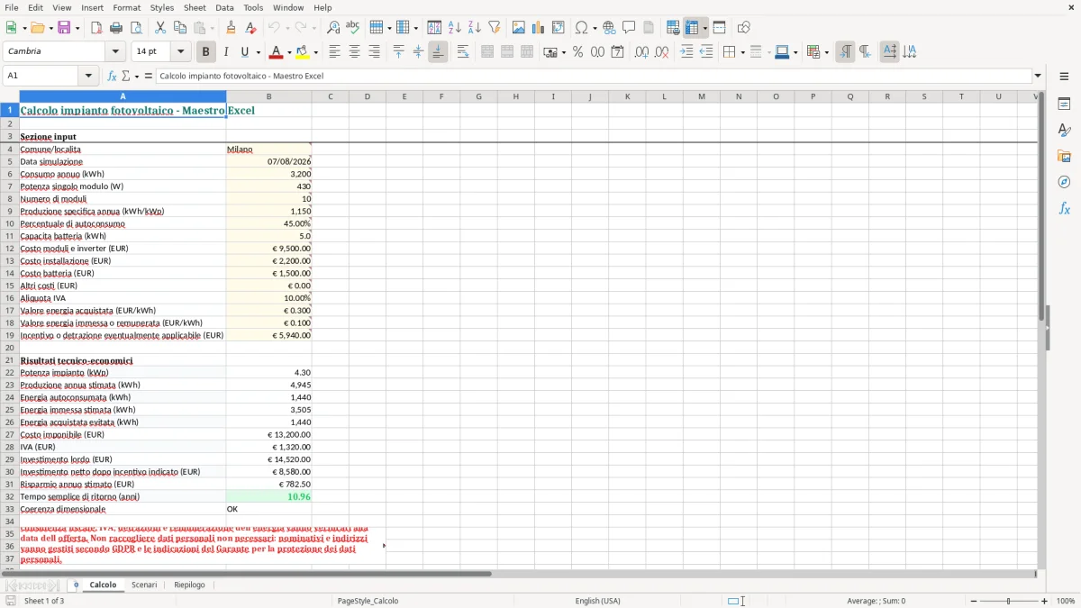 Anteprima del modello Excel Calcolo impianto fotovoltaico EXCEL GRATIS — foglio Calcolo (immagine 1)