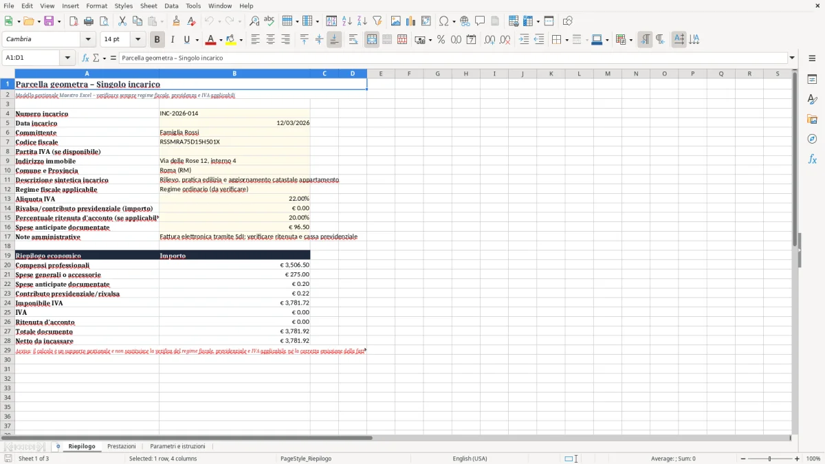 Anteprima del modello Excel Calcolo parcella geometra Excel per singolo incarico — foglio Riepilogo (immagine 1)