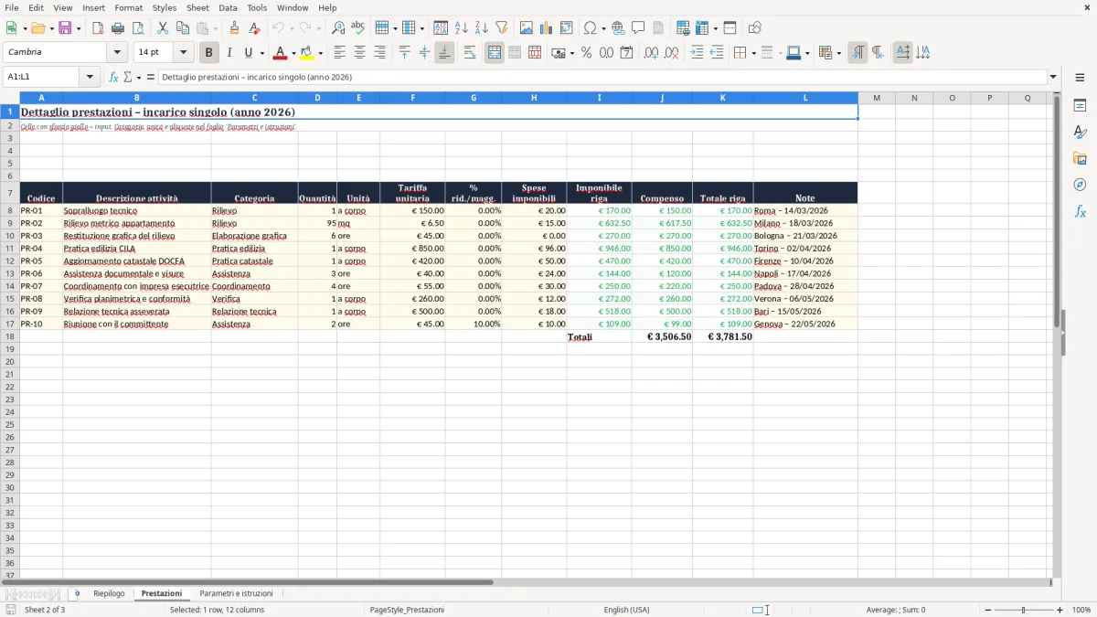 Anteprima del modello Excel Calcolo parcella geometra Excel per singolo incarico — foglio Prestazioni (immagine 2)