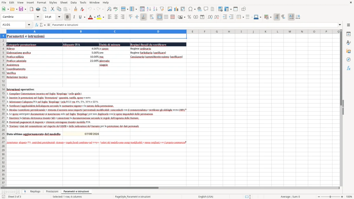 Anteprima del modello Excel Calcolo parcella geometra Excel per singolo incarico — foglio Parametri e istruzioni (immagine 3)