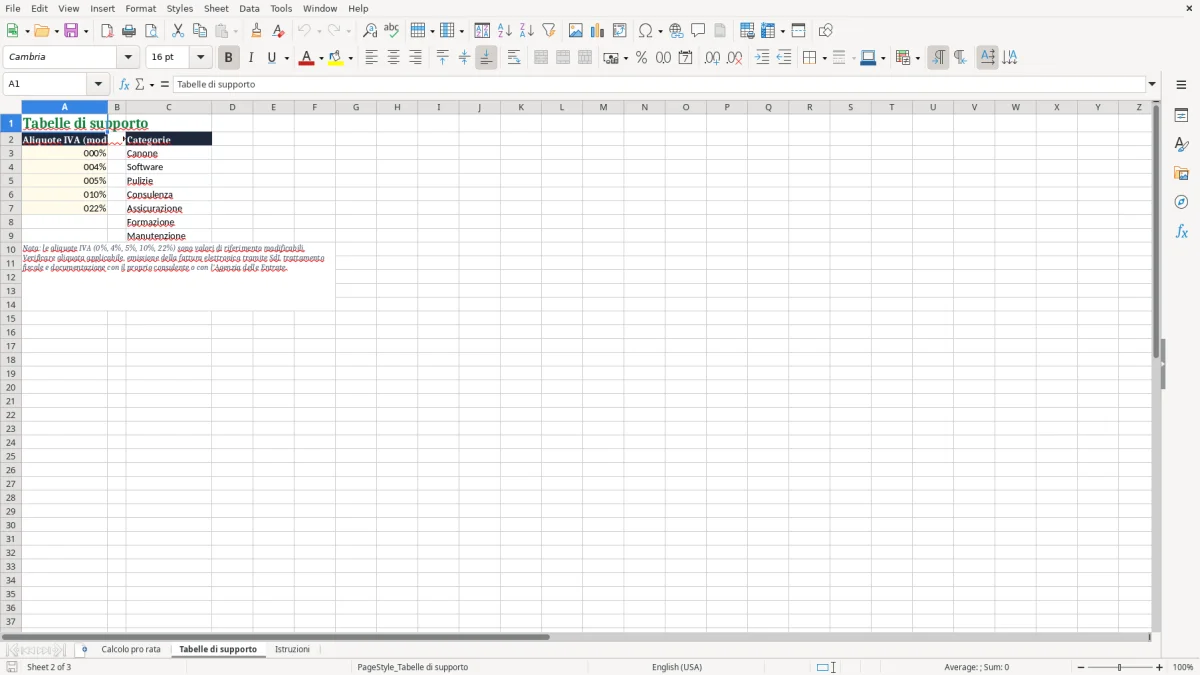 Anteprima del modello Excel Calcolo pro rata in Excel — foglio Tabelle di supporto (immagine 2)