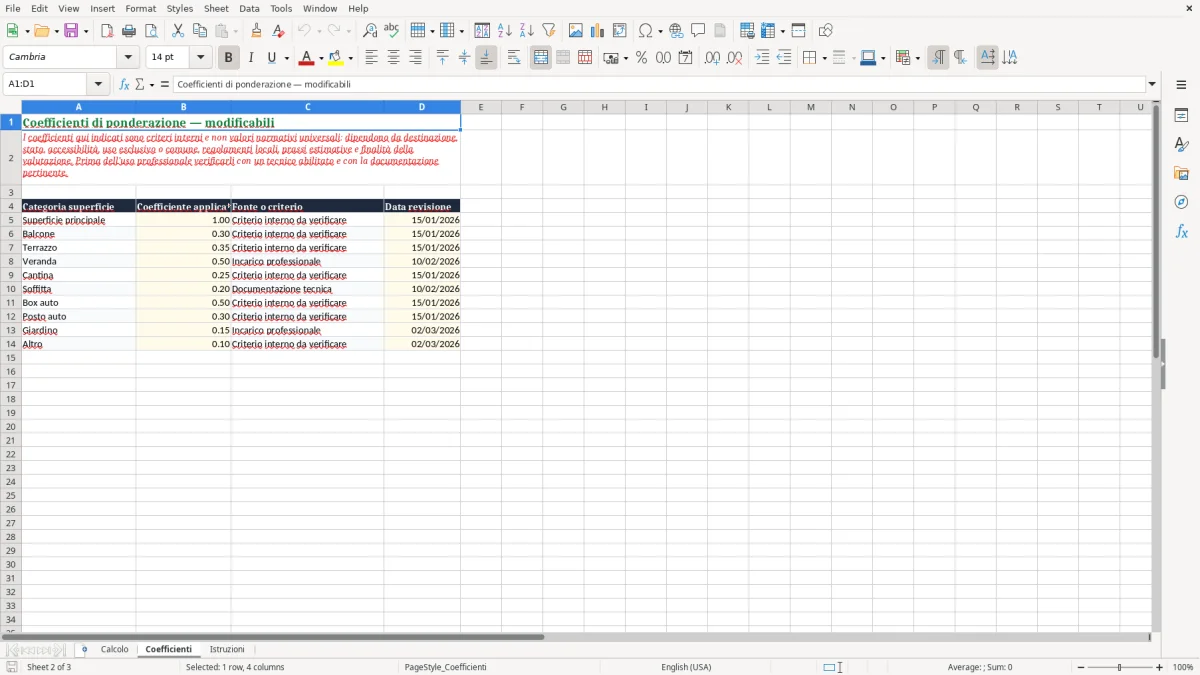Anteprima del modello Excel Calcolo superficie commerciale in Excel — foglio Coefficienti (immagine 2)