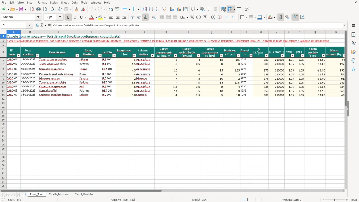 Anteprima del modello Excel Calcolo travi in acciaio su Excel — foglio Input_Travi (immagine 1)
