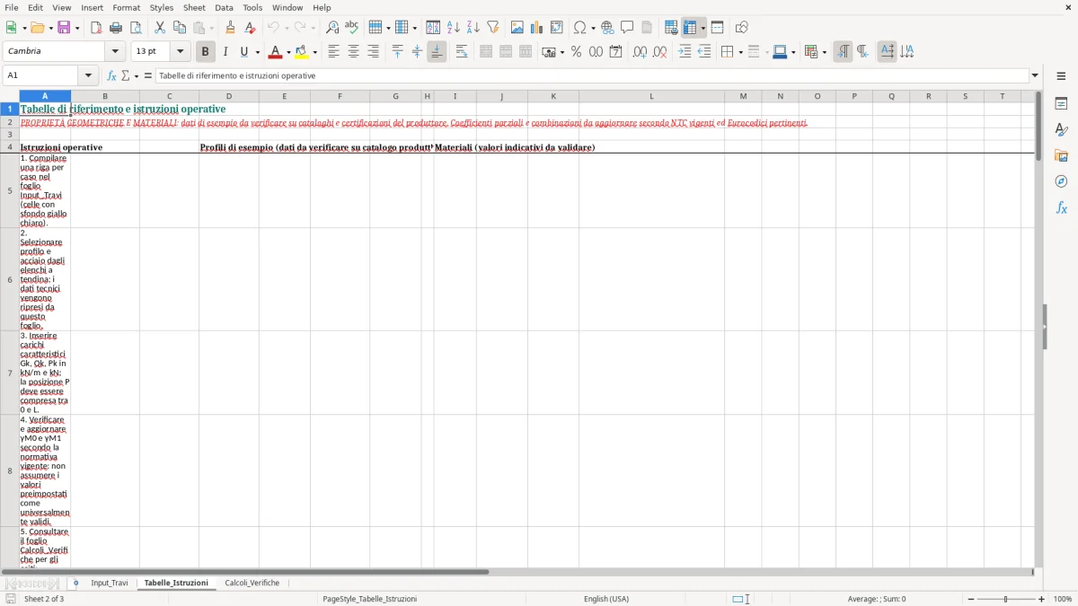 Anteprima del modello Excel Calcolo travi in acciaio su Excel — foglio Tabelle_Istruzioni (immagine 2)