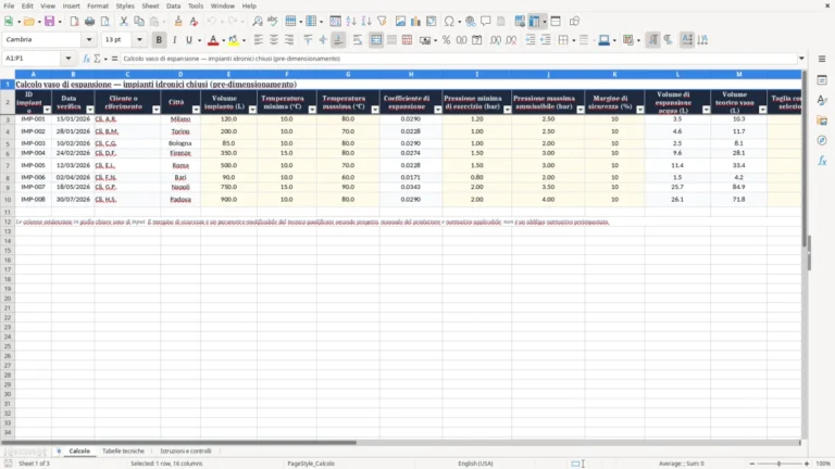 Anteprima di Calcolo del vaso di espansione in Excel