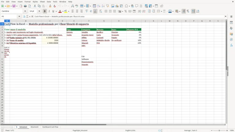 Anteprima di Cash flow in Excel per entrate, uscite e previsioni