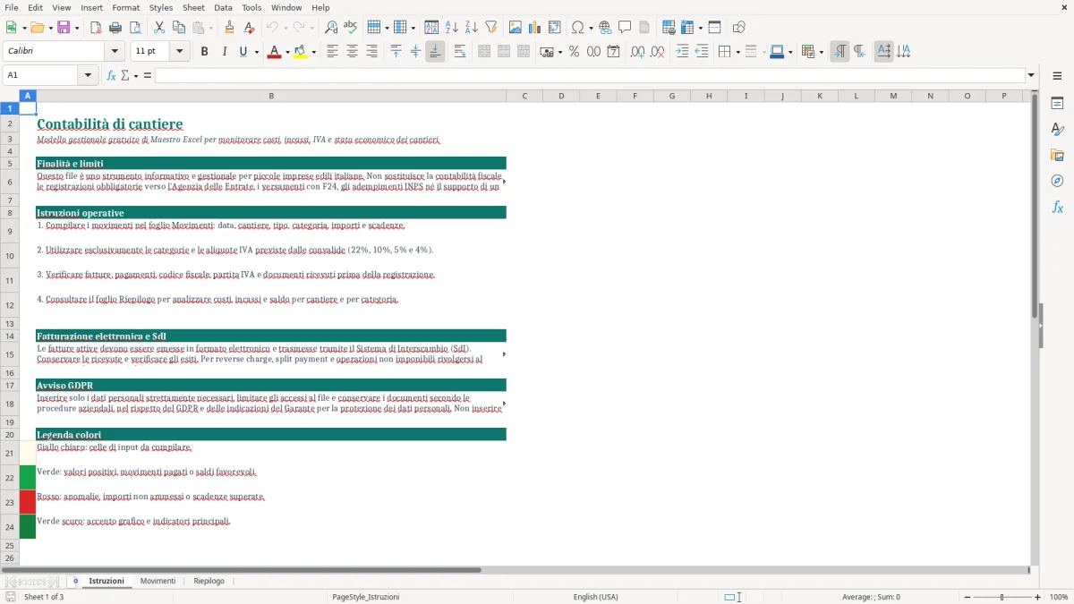 Anteprima del modello Excel Contabilità di cantiere Excel gratis — foglio Istruzioni (immagine 1)