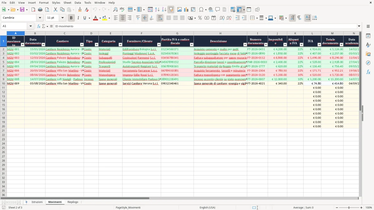 Anteprima del modello Excel Contabilità di cantiere Excel gratis — foglio Movimenti (immagine 2)