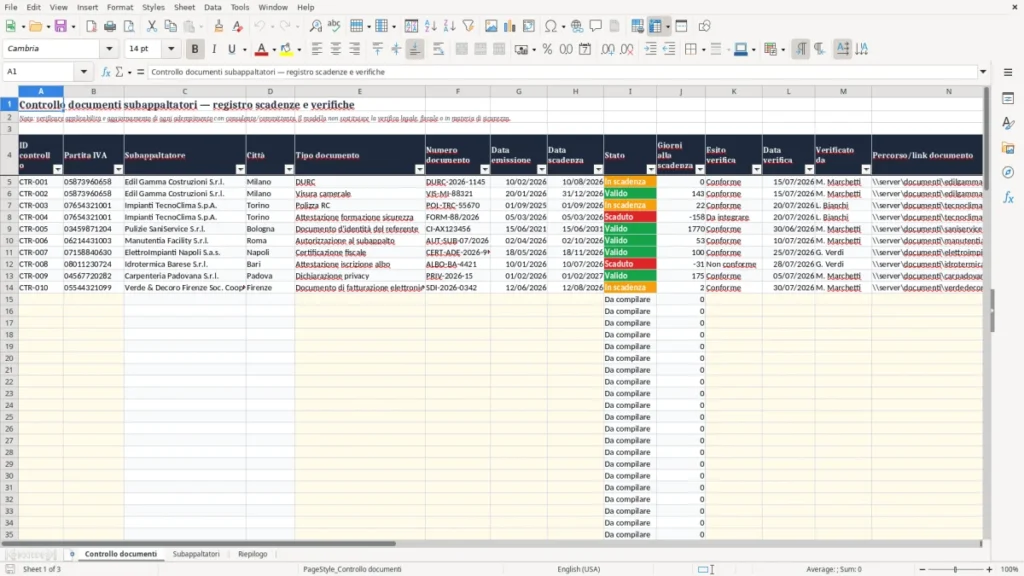 Anteprima del modello Documenti subappaltatori – Foglio Excel Gratis (2026)