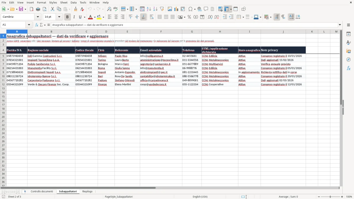 Anteprima del modello Excel Controllo documenti subappaltatori Excel — foglio Subappaltatori (immagine 2)